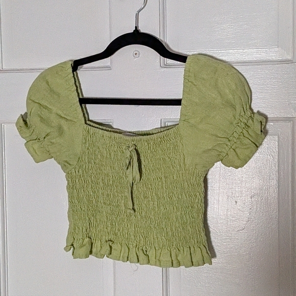 Faithfull The Brand 100% Linen Green Smocked Crop Top Puff Sleeve Cottagecore - Picture 3 of 6